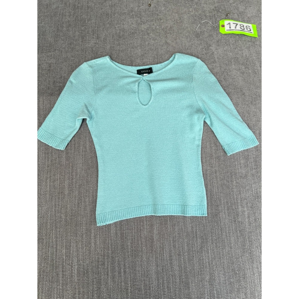 Annie B Knit Top Womens Small Blue Short Sleeve Keyhole Round Neck Minimalist